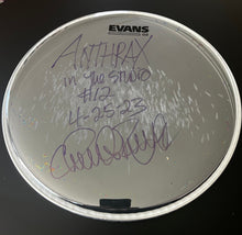 Load image into Gallery viewer, SIGNED STUDIO PLAYED DRUMHEAD ANTHRAX UPCOMING ALBUM SESSIONS
