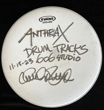 Load image into Gallery viewer, SIGNED STUDIO PLAYED DRUMHEAD ANTHRAX ALBUM SESSIONS NOV
