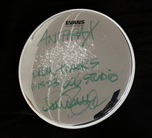 Load image into Gallery viewer, SIGNED STUDIO PLAYED DRUMHEAD ANTHRAX ALBUM SESSIONS NOV
